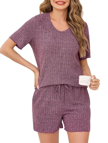 Vlazom Damen Schlafanzug Kurz Weich Pyjama-Set mit Rundhalsausschnitt Hausanzug Nachtwäsche Zweiteiliger Sleepwear für Sommer（M，WeinRot） von Vlazom