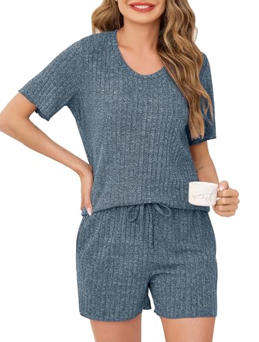 Vlazom Damen Schlafanzug Kurz Weich Pyjama-Set mit Rundhalsausschnitt Hausanzug Nachtwäsche Zweiteiliger Sleepwear für Sommer（S，Graublau） von Vlazom
