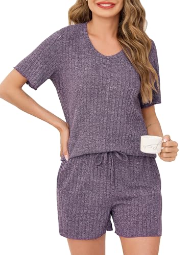 Vlazom Damen Schlafanzug Kurz Weich Pyjama-Set mit Rundhalsausschnitt Hausanzug Nachtwäsche Zweiteiliger Sleepwear für Sommer（S，Violett） von Vlazom