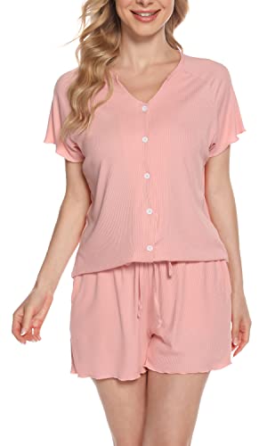Vlazom Damen Schlafanzug Kurzarm Pyjama Set mit Knöpfe V-Ausschnitt Sleepwear Sommer Nachtwäsche(L,Stil B-Rosa) von Vlazom