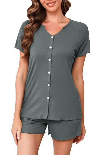 Vlazom Damen Schlafanzug Kurzarm Pyjama Set mit Knöpfe V-Ausschnitt Sleepwear Sommer Nachtwäsche（M，Stil B-Dunkelgrau） von Vlazom