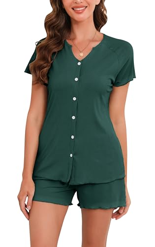 Vlazom Damen Schlafanzug Kurzarm Pyjama Set mit Knöpfe V-Ausschnitt Sleepwear Sommer Nachtwäsche（M，Stil B-Dunkelgrün） von Vlazom