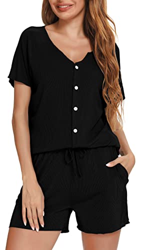 Vlazom Damen Schlafanzug Kurzarm Pyjama Set mit Knöpfe V-Ausschnitt Sleepwear Sommer Nachtwäsche(M,Stil B-Schwarz) von Vlazom