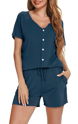Vlazom Damen Schlafanzug Kurzarm Pyjama Set mit Knöpfe V-Ausschnitt Sleepwear Sommer Nachtwäsche（S，Stil B-Pfauenblau） von Vlazom