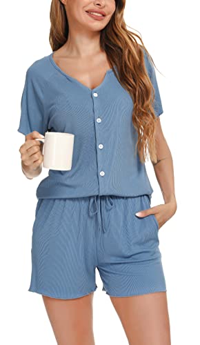 Vlazom Damen Schlafanzug Kurzarm Pyjama Set mit Knöpfe V-Ausschnitt Sleepwear Sommer Nachtwäsche(XL,Stil B-Kobaltblau) von Vlazom