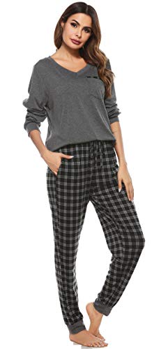 Vlazom Damen Schlafanzug Lang Zweiteiliger Schlafanzug Winter Pyjama Set V-Ausschnitt Langarm Pyjama Set(M,Grau) von Vlazom