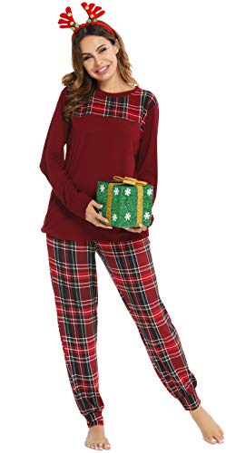 Vlazom Kariertes Pyjama Set Lang Schlafanzug Zweiteiliger Damen Schlafanzug Winter Pyjama mit Rundausschnitt Langarm Pyjama Set(XL,Stil 1-Weinrot) von Vlazom