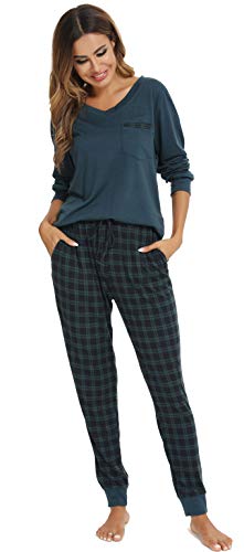 Vlazom Damen Schlafanzug Lang Zweiteiliger Schlafanzug Winter Pyjama Set V-Ausschnitt Langarm Pyjama Set(L,Grün) von Vlazom