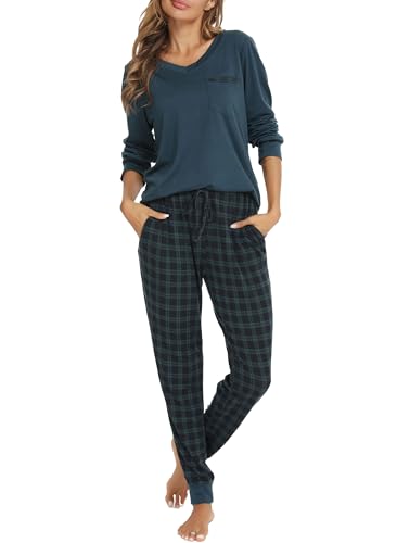 Vlazom Damen Schlafanzug Lang Zweiteiliger Schlafanzug Winter Pyjama Set V-Ausschnitt Langarm Pyjama Set(L,Grün) von Vlazom