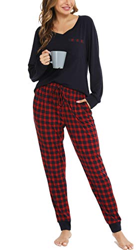 Vlazom Damen Schlafanzug Lang Zweiteiliger Schlafanzug Winter Pyjama Set V-Ausschnitt Langarm Pyjama Set(L,Rot) von Vlazom