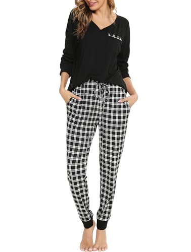 Vlazom Damen Schlafanzug Lang Zweiteiliger Schlafanzug Winter Pyjama Set V-Ausschnitt Langarm Pyjama Set(S,Schwarz) von Vlazom
