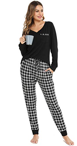 Vlazom Damen Schlafanzug Lang Zweiteiliger Schlafanzug Winter Pyjama Set V-Ausschnitt Langarm Pyjama Set(XXL,Schwarz) von Vlazom