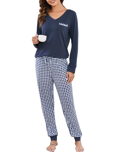 Vlazom Damen Schlafanzug Lang Zweiteiliger Schlafanzug Winter Pyjama Set V-Ausschnitt Langarm Pyjama Set（L，Marineblaue Top + Marineblaue Karohose） von Vlazom