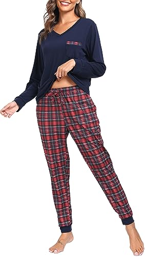 Vlazom Damen Schlafanzug Lang Zweiteiliger Schlafanzug Winter Pyjama Set V-Ausschnitt Langarm Pyjama Set(L,Stil 4-Marineblau von Vlazom