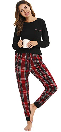 Vlazom Damen Schlafanzug Lang Zweiteiliger Schlafanzug Winter Pyjama Set V-Ausschnitt Langarm Pyjama Set（L,Stil 5-Schwarz） von Vlazom