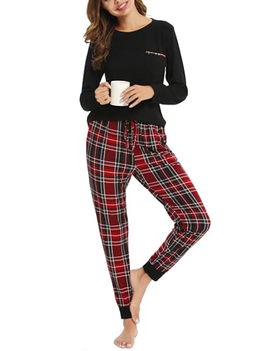 Vlazom Damen Schlafanzug Lang Zweiteiliger Schlafanzug Winter Pyjama Set V-Ausschnitt Langarm Pyjama Set（L,Stil 5-Schwarz） von Vlazom