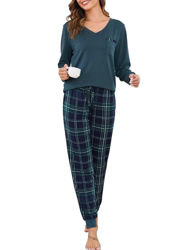 Vlazom Damen Schlafanzug Lang Zweiteiliger Schlafanzug Winter Pyjama Set V-Ausschnitt Langarm Pyjama Set（M，Grün Top + Grüne Karohose） von Vlazom