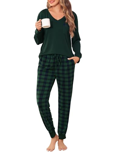 Vlazom Damen Schlafanzug Lang Zweiteiliger Schlafanzug Winter Pyjama Set V-Ausschnitt Langarm Pyjama Set（M，Grün Top + Marineblaue Karohose） von Vlazom