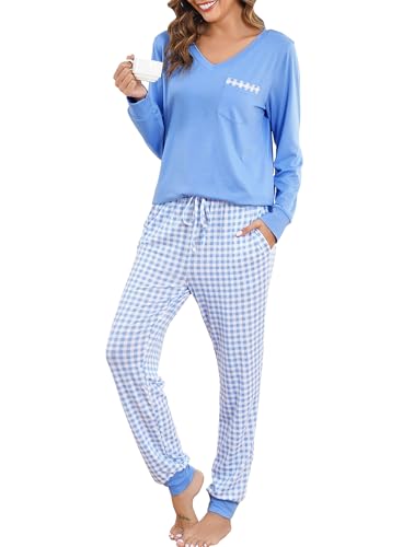 Vlazom Damen Schlafanzug Lang Zweiteiliger Schlafanzug Winter Pyjama Set V-Ausschnitt Langarm Pyjama Set（S，Blau Top + Blau Karierte Hose） von Vlazom
