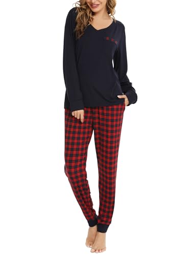 Vlazom Damen Schlafanzug Lang Zweiteiliger Schlafanzug Winter Pyjama Set V-Ausschnitt Langarm Pyjama Set(XL,Rot) von Vlazom