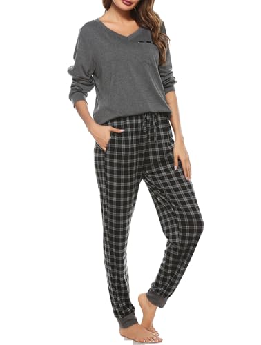 Vlazom Damen Schlafanzug Lang Zweiteiliger Schlafanzug Winter Pyjama Set V-Ausschnitt Langarm Pyjama Set(XXL,Grau) von Vlazom