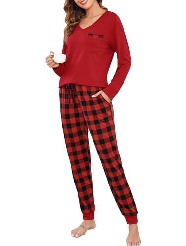 Vlazom Damen Schlafanzug Lang Zweiteiliger Schlafanzug Winter Pyjama Set V-Ausschnitt Langarm Pyjama Set（XXL，Rot Top + Rot-Marinekaro-Hose） von Vlazom