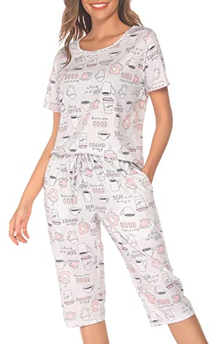 Vlazom Damen Schlafanzug Rundausschnitt Pyjama Set mit 3/4 Hose（M,Kaffeetasse von Vlazom