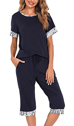 Vlazom Damen Schlafanzug Streifen Pyjama Set Rundausschnitt mit Brusttasche zweiteiliges Kurzarmhemd mit 3/4 Hose(L,Stil D-Marineblau) von Vlazom