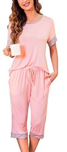 Vlazom Damen Schlafanzug Streifen Pyjama Set Rundausschnitt mit Brusttasche zweiteiliges Kurzarmhemd mit 3/4 Hose(M,Stil D-Rosa) von Vlazom