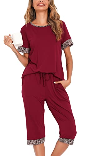 Vlazom Damen Schlafanzug Streifen Pyjama Set Rundausschnitt mit Brusttasche zweiteiliges Kurzarmhemd mit 3/4 Hose(M,Stil D-Weinrot von Vlazom