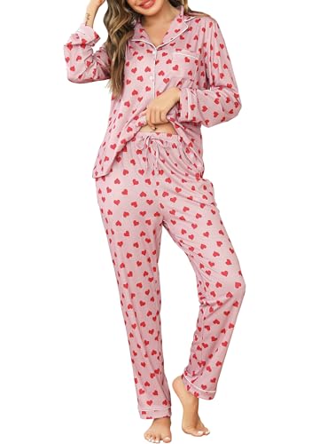 Vlazom Damen Schlafanzug Zweiteiliger Damen Pyjama mit Knopfleiste V-Ausschnitt Pyjama Set für Frauen Umlegekragen Lange Hose mit Gummibund Zweiteiliger Sleepwear（L，Dunkelrosa Herz） von Vlazom