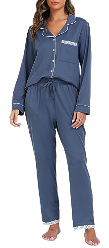 Vlazom Damen Schlafanzug Zweiteiliger Damen Pyjama mit Knopfleiste V-Ausschnitt Pyjama Set für Frauen Umlegekragen Lange Hose mit Gummibund Zweiteiliger Sleepwear(L,Dunstblau) von Vlazom