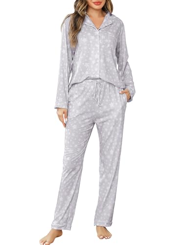 Vlazom Damen Schlafanzug Zweiteiliger Damen Pyjama mit Knopfleiste V-Ausschnitt Pyjama Set für Frauen Umlegekragen Lange Hose mit Gummibund Zweiteiliger Sleepwear（L，Graue Sterne） von Vlazom