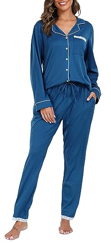 Vlazom Damen Schlafanzug Zweiteiliger Damen Pyjama mit Knopfleiste V-Ausschnitt Pyjama Set für Frauen Umlegekragen Lange Hose mit Gummibund Zweiteiliger Sleepwear(L,Kobaltblau) von Vlazom