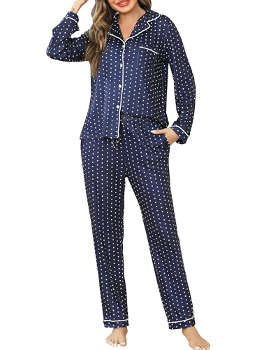Vlazom Damen Schlafanzug Zweiteiliger Damen Pyjama mit Knopfleiste V-Ausschnitt Pyjama Set für Frauen Umlegekragen Lange Hose mit Gummibund Zweiteiliger Sleepwear（L，Marineblaue Tupfen） von Vlazom