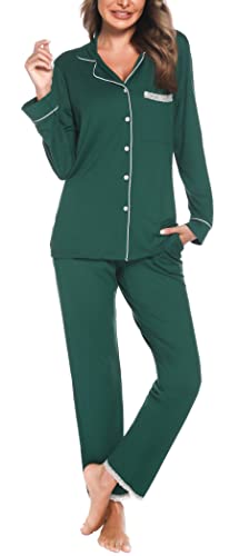 Vlazom Damen Schlafanzug Zweiteiliger Damen Pyjama mit Knopfleiste V-Ausschnitt Pyjama Set für Frauen Umlegekragen Lange Hose mit Gummibund Zweiteiliger Sleepwear(S,Grün) von Vlazom