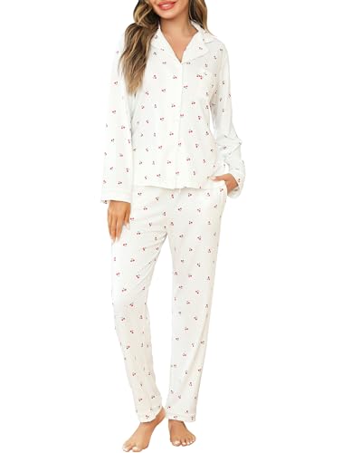 Vlazom Damen Schlafanzug Zweiteiliger Damen Pyjama mit Knopfleiste V-Ausschnitt Pyjama Set für Frauen Umlegekragen Lange Hose mit Gummibund Zweiteiliger Sleepwear（S，Weiß Kirsche） von Vlazom