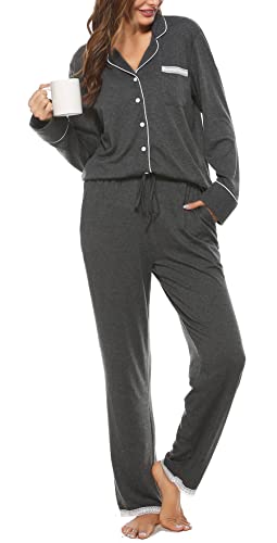 Vlazom Damen Schlafanzug Zweiteiliger Damen Pyjama mit Knopfleiste V-Ausschnitt Pyjama Set für Frauen Umlegekragen Lange Hose mit Gummibund Zweiteiliger Sleepwear(XL,Dunkelgrau) von Vlazom