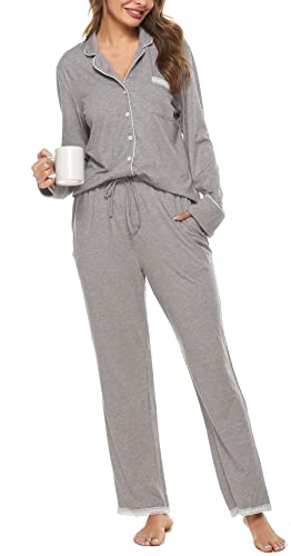 Vlazom Damen Schlafanzug Zweiteiliger Damen Pyjama mit Knopfleiste V-Ausschnitt Pyjama Set für Frauen Umlegekragen Lange Hose mit Gummibund Zweiteiliger Sleepwear(XL,Grau) von Vlazom