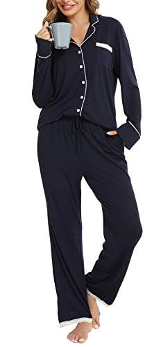 Vlazom Damen Schlafanzug Zweiteiliger Damen Pyjama mit Knopfleiste V-Ausschnitt Pyjama Set für Frauen Umlegekragen Lange Hose mit Gummibund Zweiteiliger Sleepwear(XL,Marineblau) von Vlazom
