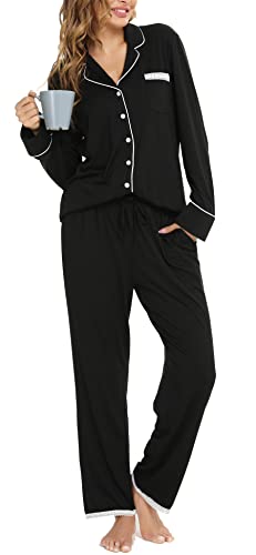 Vlazom Damen Schlafanzug Zweiteiliger Damen Pyjama mit Knopfleiste V-Ausschnitt Pyjama Set für Frauen Umlegekragen Lange Hose mit Gummibund Zweiteiliger Sleepwear(XL,Schwarz) von Vlazom