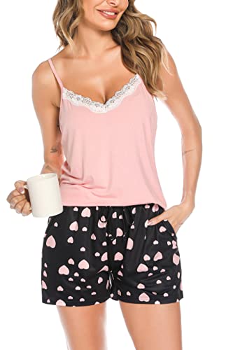 Vlazom Damen Schlafanzug kurzes Pyjama Set mit Spitzenbesatz Damen Hausanzug Ärmellos Pyjama Set(S,Stil B-Rosa) von Vlazom