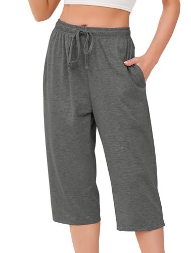 Vlazom Damen Schlafanzughose Baumwolle Pyjamahose Nachtwäsche Kurz Freizeit Hose mit Taschen und Kordelzug(L,Stil A-Grau) von Vlazom