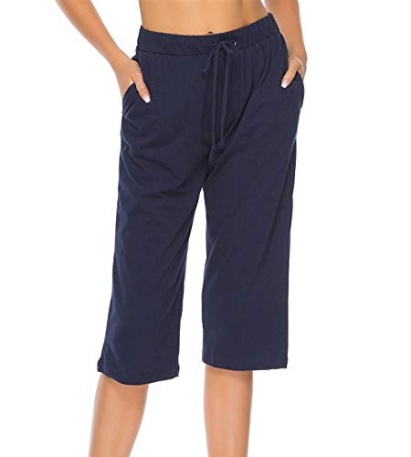 Vlazom Damen Schlafanzughose Baumwolle Pyjamahose Nachtwäsche Kurz Freizeit Hose mit Taschen und Kordelzug(S,Stil A-Marineblau) von Vlazom