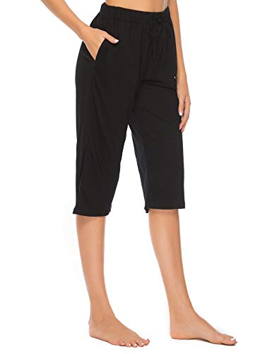 Vlazom Damen Schlafanzughose Baumwolle Pyjamahose Nachtwäsche Kurz Freizeit Hose mit Taschen und Kordelzug(L,Stil A-Schwarz) von Vlazom