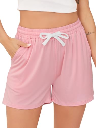 Vlazom Damen Schlafanzughose Baumwolle Pyjamahose Nachtwäsche Kurz Freizeit Hose mit Taschen und Kordelzug（L，Stil A-Hellrosa） von Vlazom