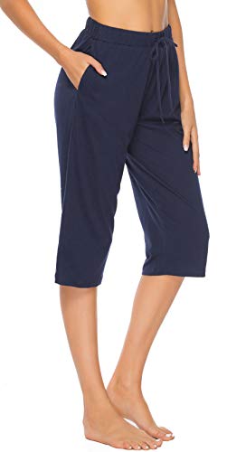 Vlazom Damen Schlafanzughose Baumwolle Pyjamahose Nachtwäsche Kurz Freizeit Hose mit Taschen und Kordelzug(L,Stil A-Marineblau) von Vlazom