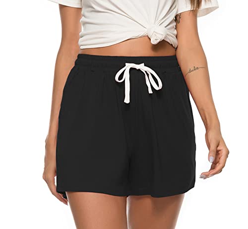 Vlazom Damen Schlafanzughose Baumwolle Pyjamahose Nachtwäsche Kurz Freizeit Hose mit Taschen und Kordelzug(L,Stil A-Schwarz) von Vlazom