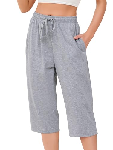 Vlazom Damen Schlafanzughose Baumwolle Pyjamahose Nachtwäsche Kurz Freizeit Hose mit Taschen und Kordelzug（M，Stil A-Hellgrau） von Vlazom