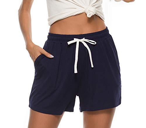 Vlazom Damen Schlafanzughose Baumwolle Pyjamahose Nachtwäsche Kurz Freizeit Hose mit Taschen und Kordelzug(M,Stil A-Marineblau) von Vlazom